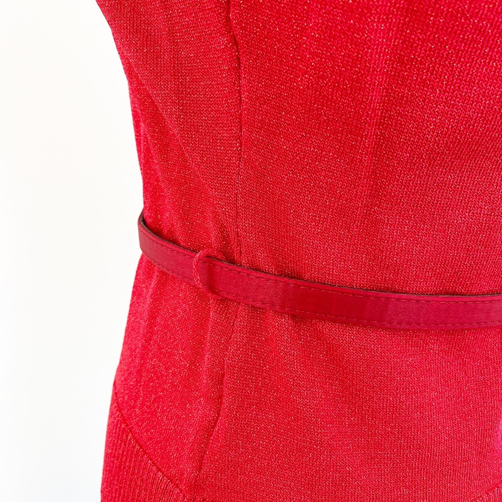 Metallic Red Turtleneck Flutter Sleeve Belted Top - image 7